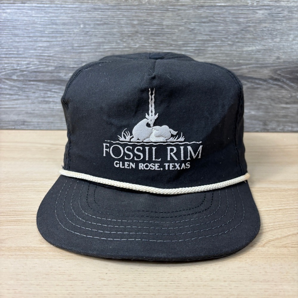Vintage Fossil Rim Hat Cap Strap Back Black Trucker Rope Glen Rose Texas Outdoor